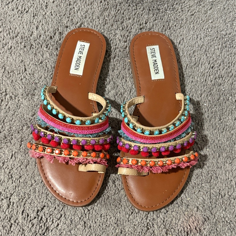 Steve Madden • Gypsy Colorful Boho Jewel Fringe Pom Pom Sandals